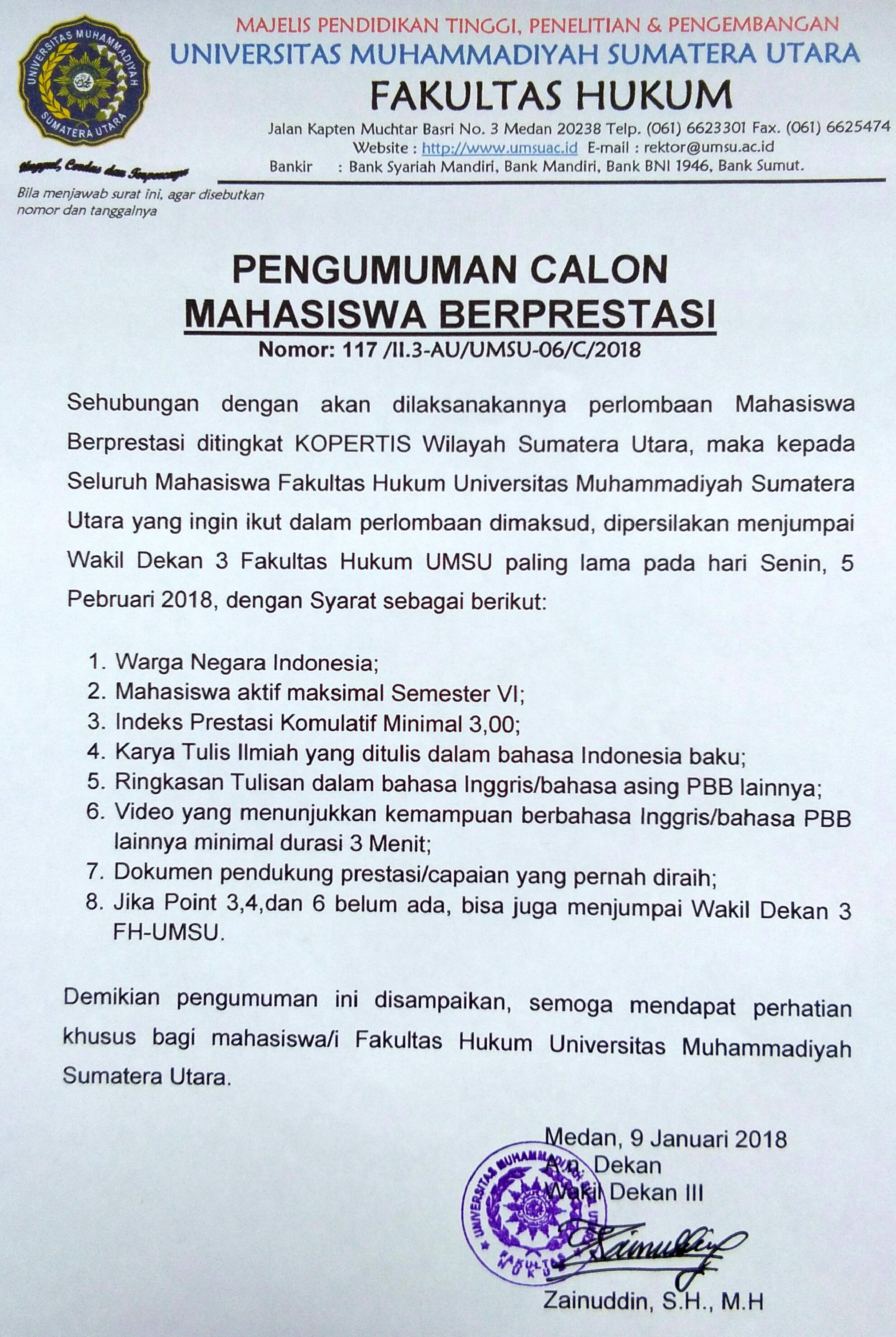 Pengumuman Calon Mahasiswa Berprestasi T.A. 2017-2018